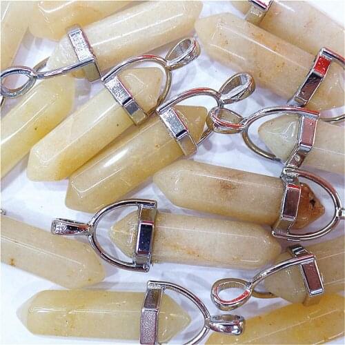 30Pcs 42x9mm Wholesale Natural Yellow Aventurine Alloy With Hood Six Angle Pendant Bead DIY Handmade Jewelry Accessories S775
