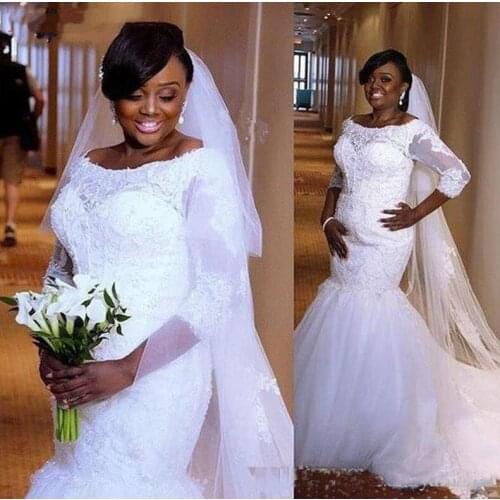 White Lace Wedding Dress Mermaid Scoop Neck Half Long Sleeves Plus Size Bridal Gowns Appliqued African Marriage Dressese