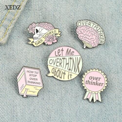 XEDZ Overthink Brooch Pink Brain Medal Skull Dialogue Book Badge Badgees Brooch Dialogue Brain Brooch Jacket Overthink Club Jewe