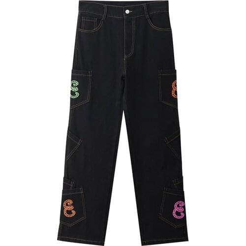 Streetwear Casual Denim Pants Retro Pocket Letter Print Straight Cargo Pants Men and Women Oversize Jeans Trousers Harajuku