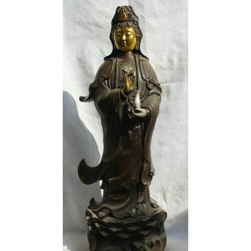 Fast shipping USPS to USA S2031 24" Chinese Bronze Gild stand Kwan-yin Guan Yin Boddhisattva Goddess Vase Statue