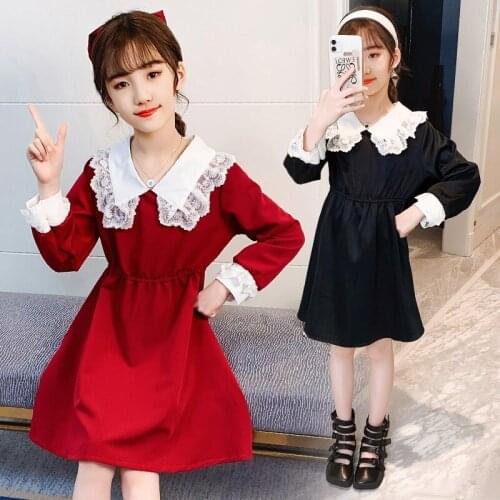 Children Hot Clothes 2021 Design American Style Lace Collar Girls Dress Red Black Color 110-160 Size Meisjes Jurk