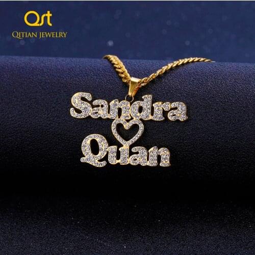 Customized Zirconia Double Name Necklace Personalized Iced Out Heart Nameplate Necklace Cuban Chain HipHop Pendant Couple Jewelr