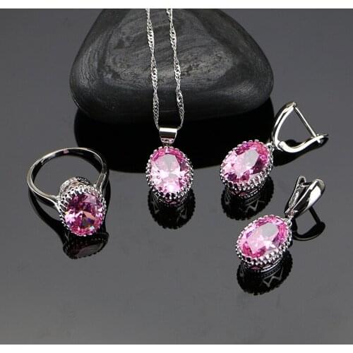 Oval Pink Crystal White Zircon Created Sterling Silver 925 Wedding Jewelry Sets For Women Earrings/Ring/Necklace Free Gift Box
