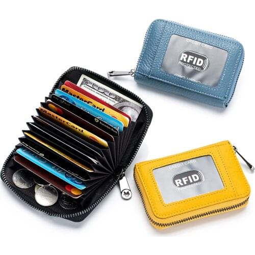 Genuine Leather Credit Card Wallet Zipper Coin Purse Transparent Photo Window Credit Card Holder for Women Men