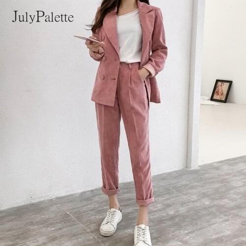 JulyPalette Corduroy Two-piece Blazer Women Suits Double Breasted Pink Female Blazer Pants Elegant Office Ladies Blazers Sets
