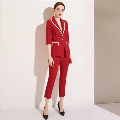Summer New fashion red suit business suit female temperament slim casual women work clothes jacket + pants Two-piece Sets women