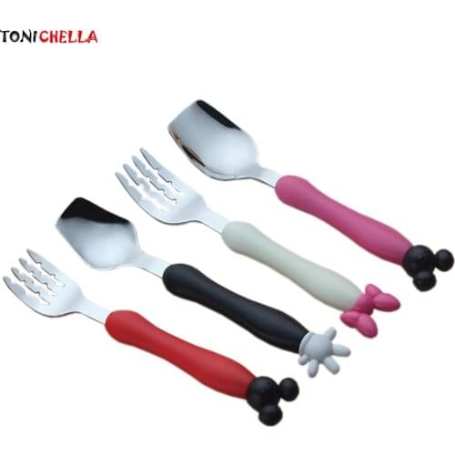 Children Utensil Baby Tableware Set Infant Food Feeding Spoon Fork Mouse Cartoon Shape Toddler Dinnerware Kids Cutlery T0623