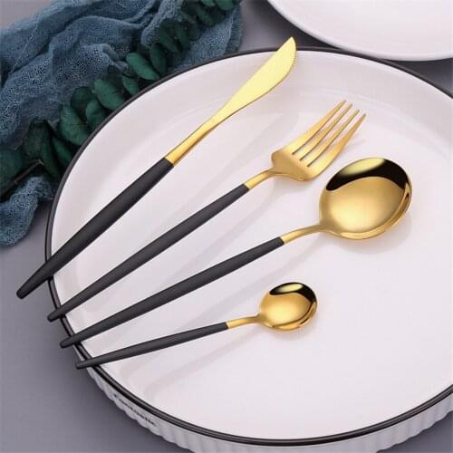 Mirror Black Gold Stainless Steel Cutlery Set Complete Dinner Set Dessert Spoon and Fork Knife Kitchen Set Ice Spoon Chopsticks