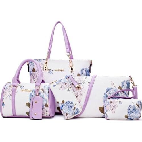 New Arrivals 6pcs/Set Fashion Women Handbags Prints PU Leather Composite Bag Clutch Set Large Shoulder Bag Purse Female