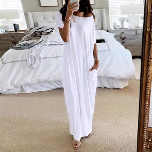 Womens Dresses Loose Daily Short Sleeve Pocket Long Dress Summer Solid Color Casual Inclined Shoulder Maxi Dress Vestidos