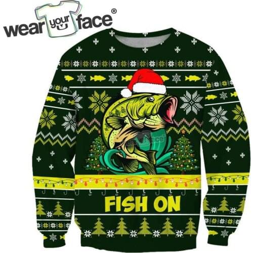 Bass Fishing Fish on Christmas Hat 3D All Over Printed Sweatshirts Hoodies Tracksuits Shorts Streetwear Vocation Unisex Clothes