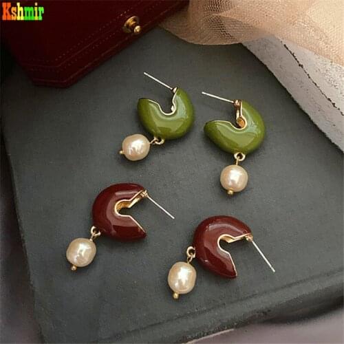 Kshmir New irregular fresh water pearl earrings metallic gold geometric earrings female oil drop green earrings jewelry gift2021