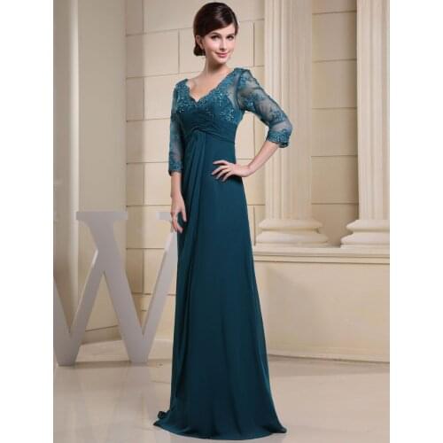 A-Line V-Neck Floor-Length Chiffon Mother Of The Bride Dresses Plus Size With Applique Beading