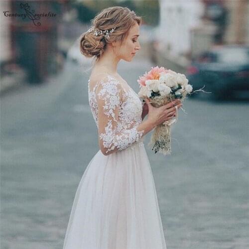 Boho Wedding Dresses for Women with Sleeves Lace Applique Illusion Beach Bridal Gowns Floor Length A-Line Robe De Mariee
