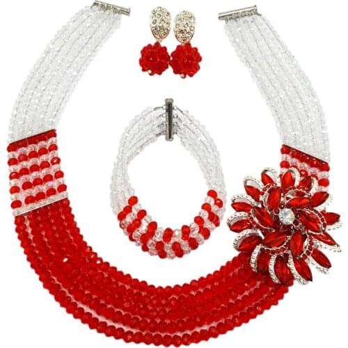 Red and clear ab african beads jewelry set 5 strand costume necklace african set nigerian wedding set
