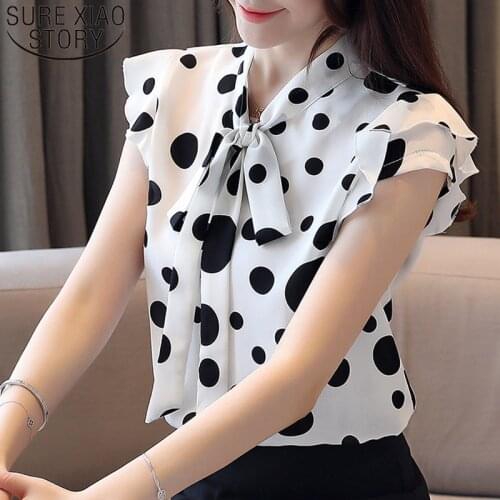 2020 Summer New Fashion Polka Dot Sweet Flounced Sleeve Chiffon Ladys Shirt Short Sleeve Elegant Bow Slim Blouse Women 8977 50