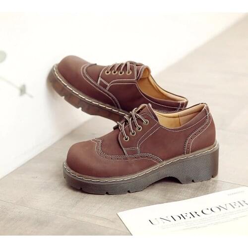 Female Big Head Student Soft Brock Flats Retro British College Wind Genuine Split Leather Shoes Women Thick Bottom Oxfords