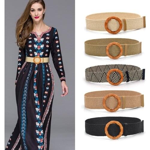 High-quality spring and summer new hot style wooden buckle dress wild elastic woven travel holiday hemp belt lady girdle