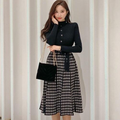 New Fall Winter Womens Korean Knitted Houndstooth Plaid Patchwork Sweater Knit High Waist A-line Knee Length Dress Vestidos