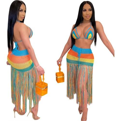 2021 Summer Womens Swimwear Elegant All Match Personality Fashion Sexy Handmade Crocheted Tassel Casual Suit