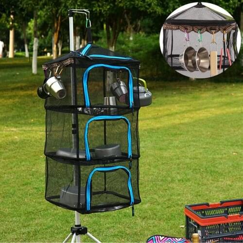 4 Layers Outdoor Folding Square Mesh Food Dryer Hanging Camping Storage Basket With Zippers