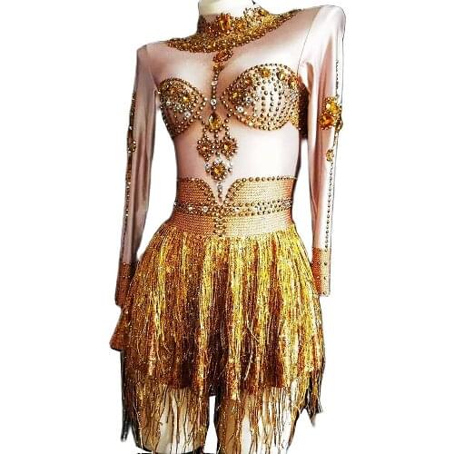 Glitter Gold Fringes Long Sleeve Women Dresses Shining Diamonds Short Dresses Nightclub DJ Singer Stage Performance Costume
