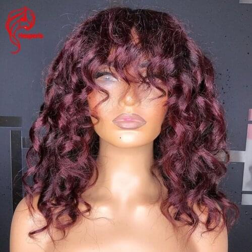 Hesperis Burgundy Curly Wig With Bangs Brazilian Remy Human Hair Wig Machine Scalp Top 99 J Curly For Black Women