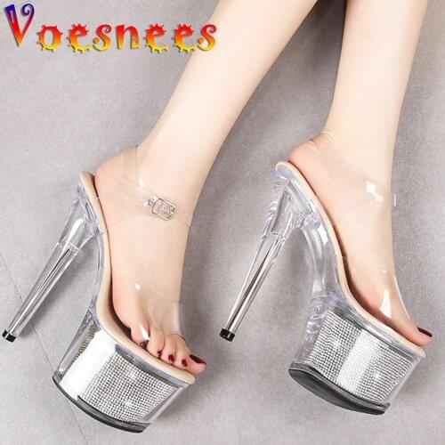 Striptease Transparent Crystal Women Shoes Summer Rhinestone Thin High Heels Platform Nightclub Open Toe Party Female Sandals
