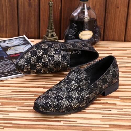 Christia Bella Genuine Leather Man Smoking Slipper Shoes Coloring Grid Sequins Male Loafer Shoes Leisure Mens Party Flats Shoes