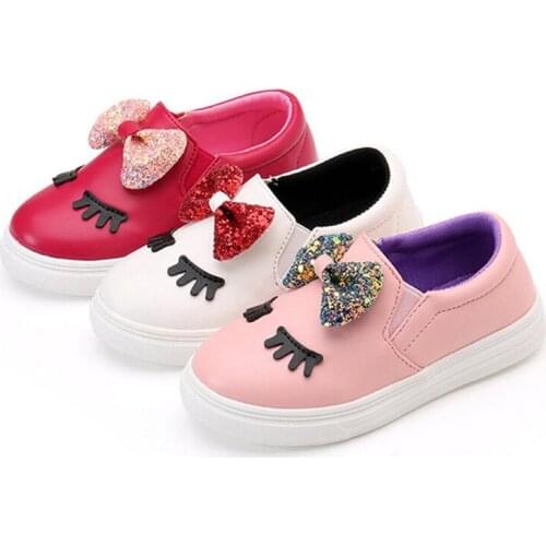 Children Toddler Baby Girls Cartoon Bowknot Sneakers For Kids Girls School Student White Pink Sequins Bing Flat Sports Shoes New
