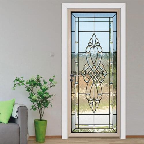 3D Sticker Waterproof Door Sticker Door Decor Peel and Stick Wallpaper Removable Wall Sticker Retro Colored Glass Door Pattern