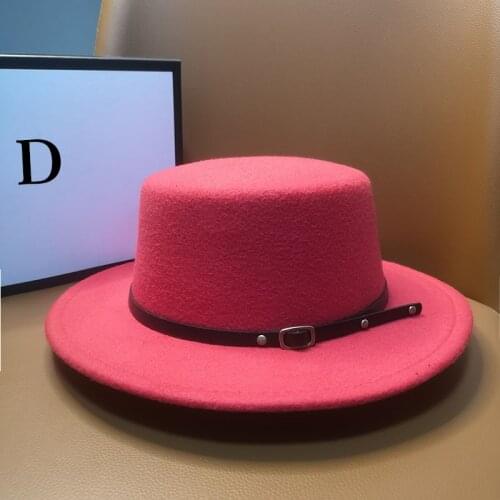 HT227 New Retro Winter Autumn women men Top hat Imitation Felt Fedora Hats Belt buckle Decorated Boater Hat flat brim