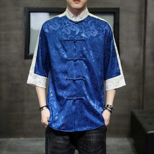 Chinese Shirts Satin Silk Vintage Coat Hanfu Blouse Traditional Chinese Clothing For Men Top Tang Collar New Year Clothes 30593