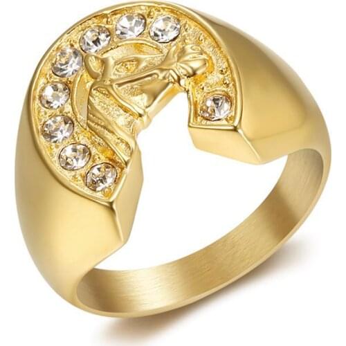 New Cool design gold color crystal Lucky Horseshoe Ring 316 Stainless Steel racing jewelry horse head Ring Band Finger
