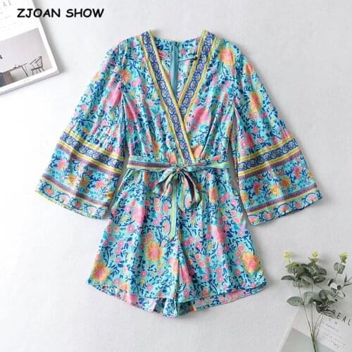 2021 Bohemia Cross V neck Floral print Flare Sleeve Rompers Women Loose Tie Bow Sashes Short Jumpsuits BOHO Bodysuits Holiday