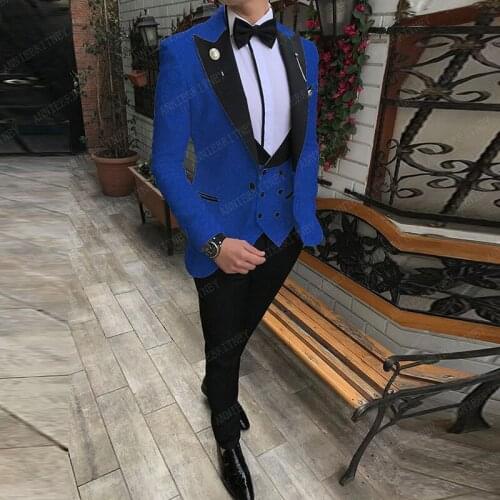 Royal Blue Jacquard Mens Suits 3 Pieces Slim Fit Business Suits for Men Groom Wedding Suits Tuxedo Custom Jacket Vest Pants Set