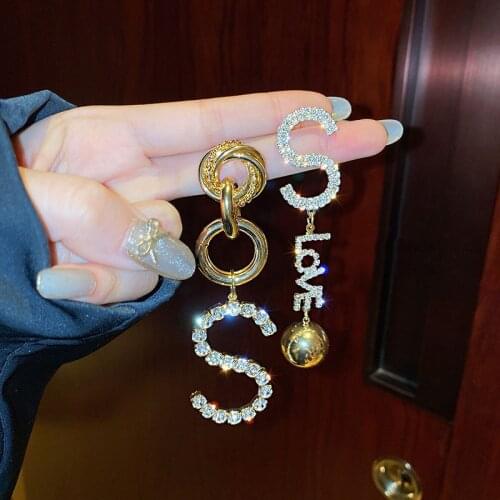 Exaggerated Asymmetrical Rhinestone Letters Big Drop Earrings For Women Long Bohiem Earings Bridal Chandelier Earings Wedding