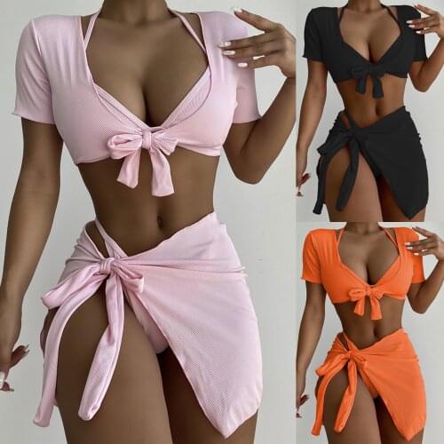 Sexy Triangle Push Up Bikini Set Short Sleeve Four Pieces Swimsuit For Women Bowknot Bathing Suit Swimdress Swimwear Beachwear