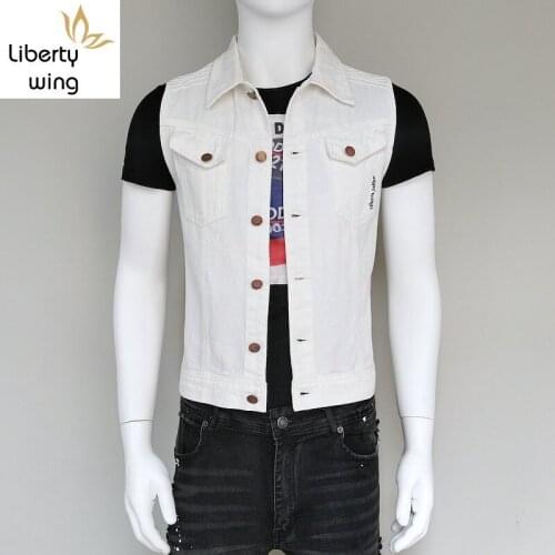 Fashion Mens Casual Sleeveless Denim Vest Short Jacket Harajuku Printed Single Breasted Waistcoat Korean Slim Fit Cowboy Vests