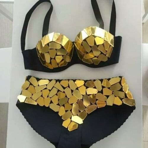 Fashion handmade mirrors sequins bra shorts Female singer all-match lens basic briefs individual character costume wear