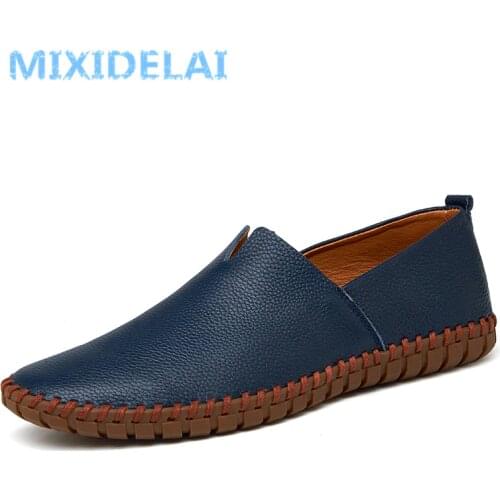 MIXIDELAI Genuine Cow Leather Mens Loafers Fashion Handmade Moccasins Soft Leather Blue Slip On Mens Boat Shoe PLUS SIZE 38~48
