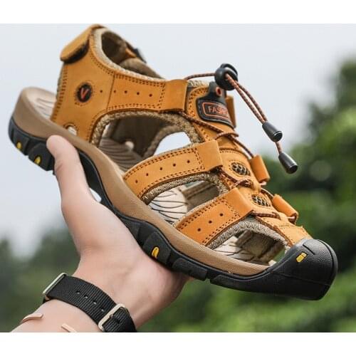 Men Outdoor Genuine Leather Sandals Summer Big Size 48 Beach Shoes Classic Hiking Sandals Roman Soft Slipper Comfortable Walking
