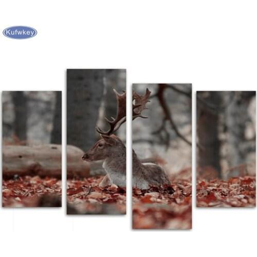 Dear on red leaves/set of 4 canvas, Diy Diamond Embroidery,Diamond Painting Cross Stitch,Full Square Diamond Mosaic picture gift