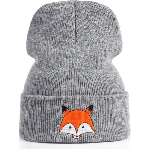 2017 new fashion Fox printed Embroidery Pattern Hat Unisex Warm Hat Knitted Cap Hats Warm Cap Soft Caps femme winter