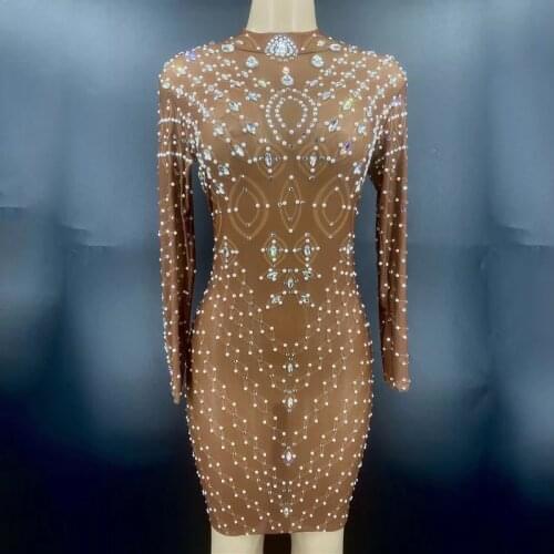 New Silver Rhinestone Transparent Short Dress Women Dancer Long Sleeve Pearls Dresses Birthday Celebrate Prom Outfit XS2653