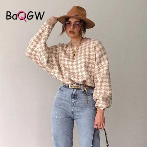 Women Geometric Knitted Sweater Women Casual Houndstooth Lady Pullover Sweater Female Autumn Winter Khaki Black Retro Jumper
