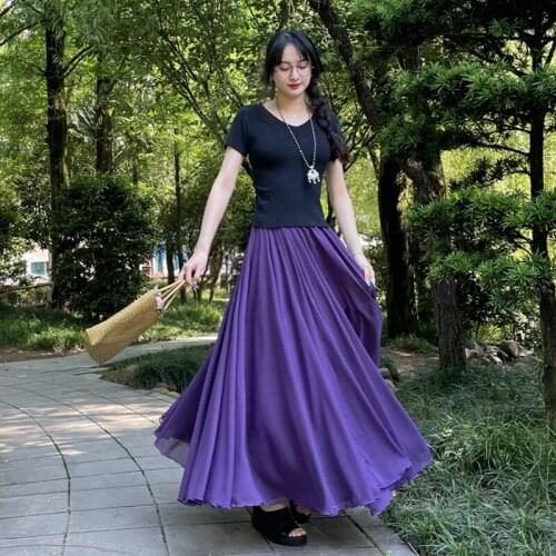 TIYIHAILEY Free Shipping 2021 Fashion Long Maxi A-Line Elastic Waist Women Double Layer Chiffon Solid Color Big Hem Dance Skirts