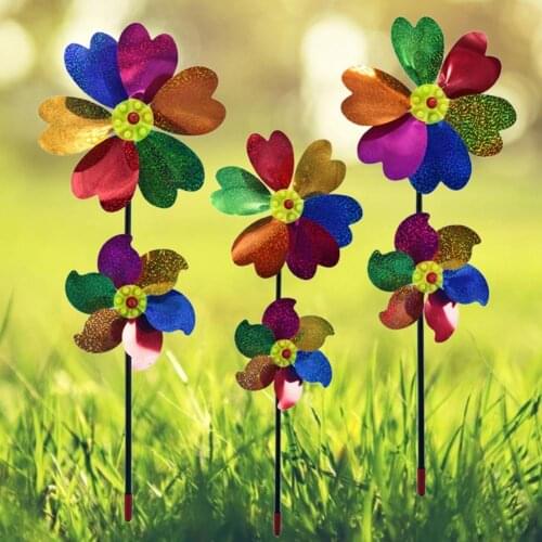 Three-dimensional Pinwheel Decor Environmental Six Leaves Double Layers Flower Wind Spinner for Outdoor