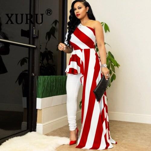 XURU Summer New Womens Dress Striped Shoulder Nightclub Dress Irregular Dress
